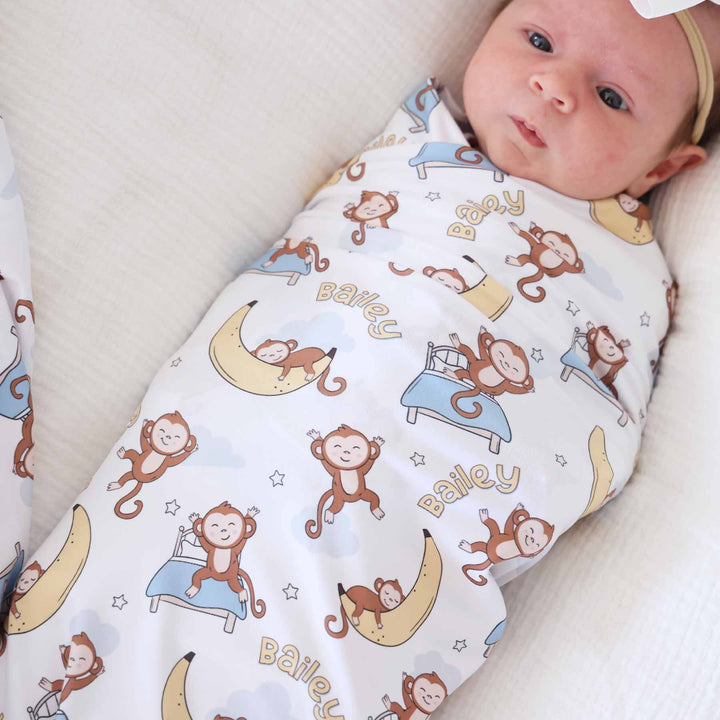 monkey see, monkey snooze personalized newborn swaddle blanket 