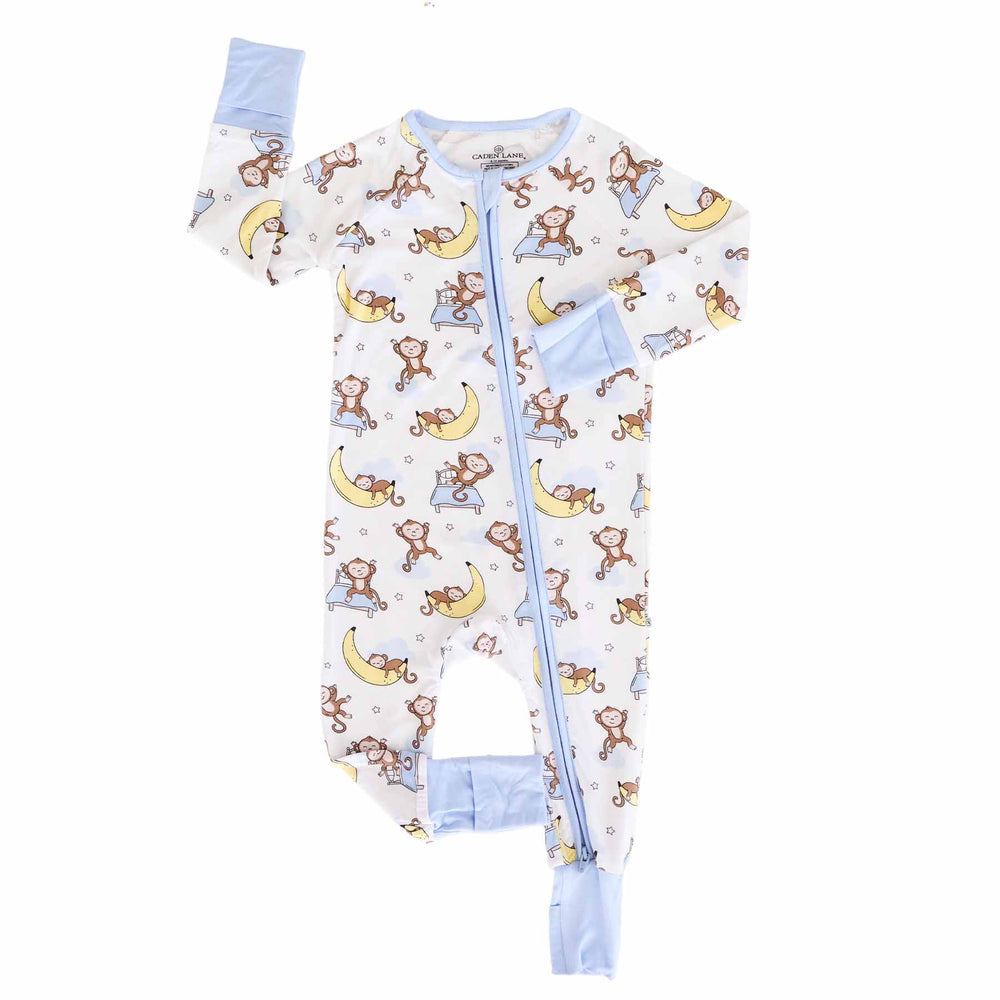 baby zip romper with monkeys sleeping on beds and banana moons 