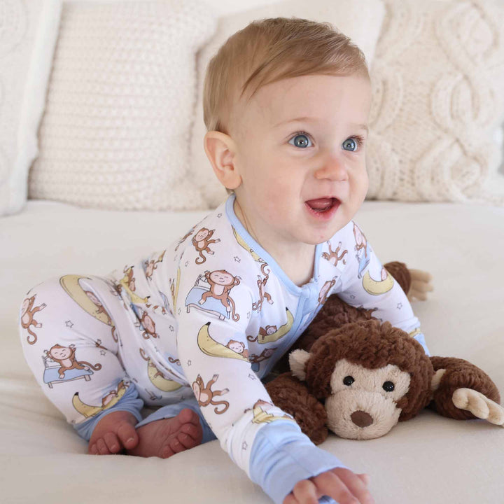 monkey see, monkey snooze bamboo convertible zip romper pajama for babies and toddlers 