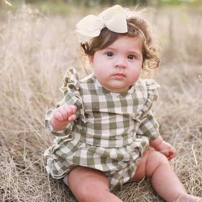 green gingham bubble romper with bubbles