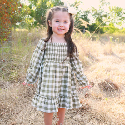 moss gingham dress for kids long sleeve and smocked
