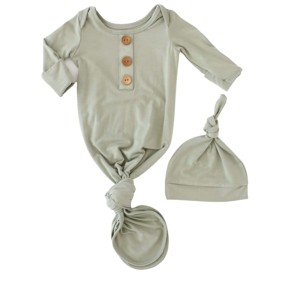 moss green newborn knot gown and hat set 