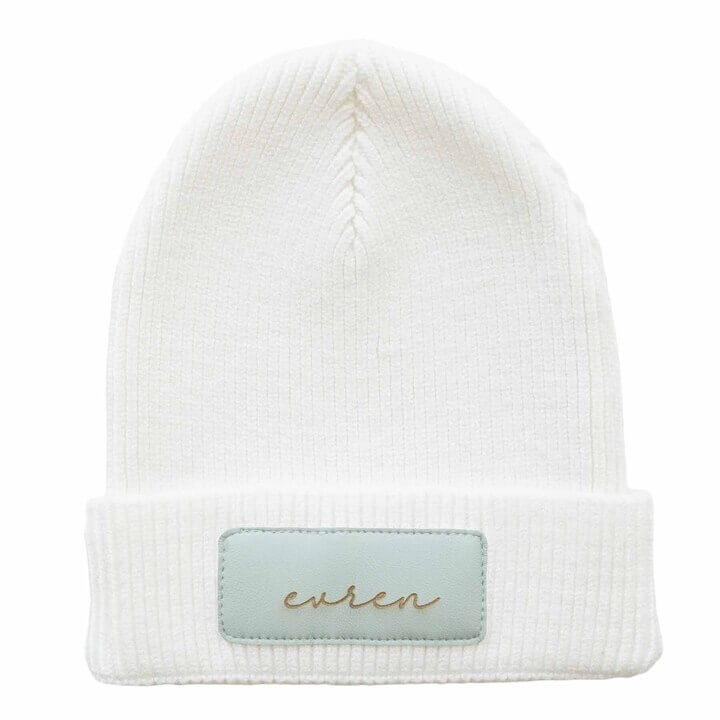 green script leather patch beanie 