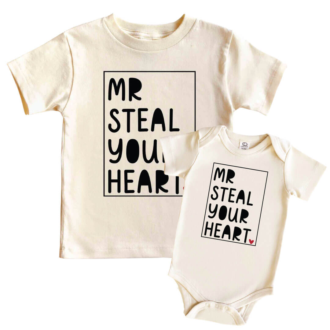 Mr. Steal Your Heart Graphic Bodysuit & Kids Tee | Natural
