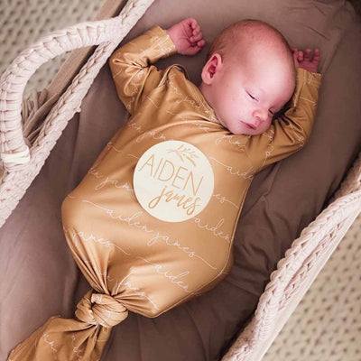 personalized newborn knot gown mustard 