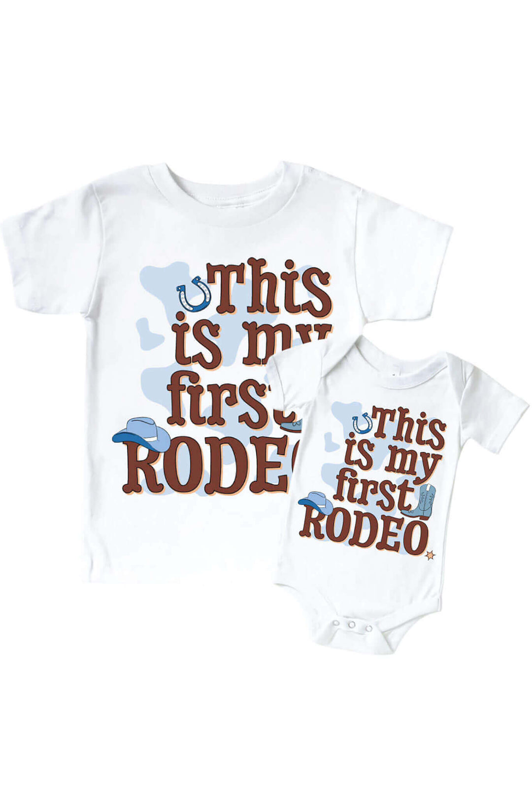 this is my first rodeo blue graphic tee and bodysuit for kids and babies 