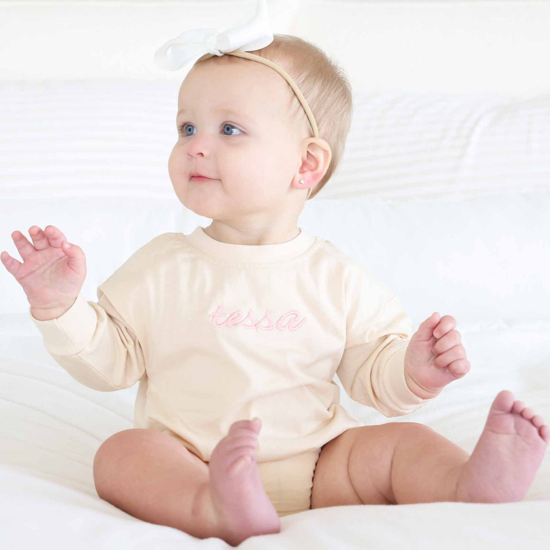 natural tan long sleeve embroidered name romper for baby girls light pink thread 