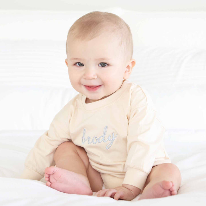 natural color long sleeve embroidered romper for baby boys blue thread 