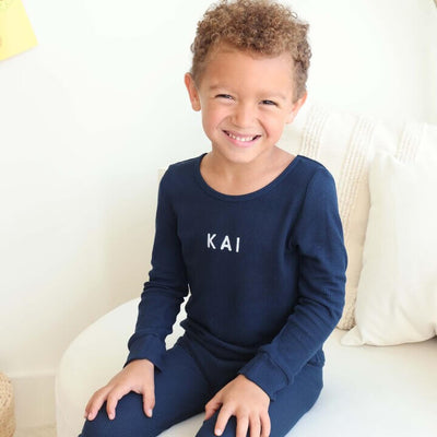 toddler pajamas navy blue waffle bamboo personalized with name 