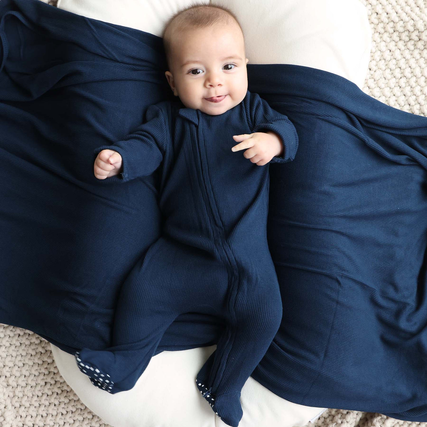 baby zipper footie made of bamboo navy waffle 