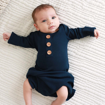 newborn baby knot gown and hat set dark navy waffle bamboo 