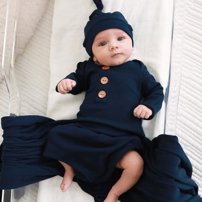 dark navy waffle bamboo newborn baby knot gown and hat set