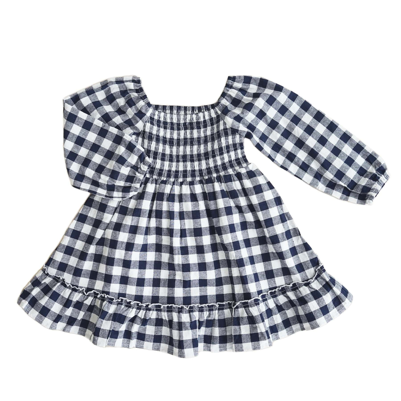 navy gingham smocked dress with long sleeves