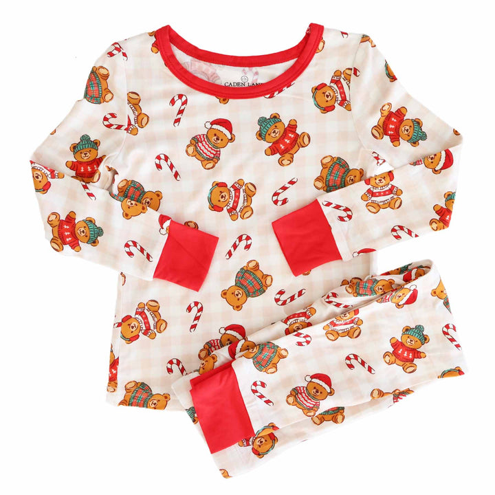 neutral gingham teddy bear christmas pajamas for boys 
