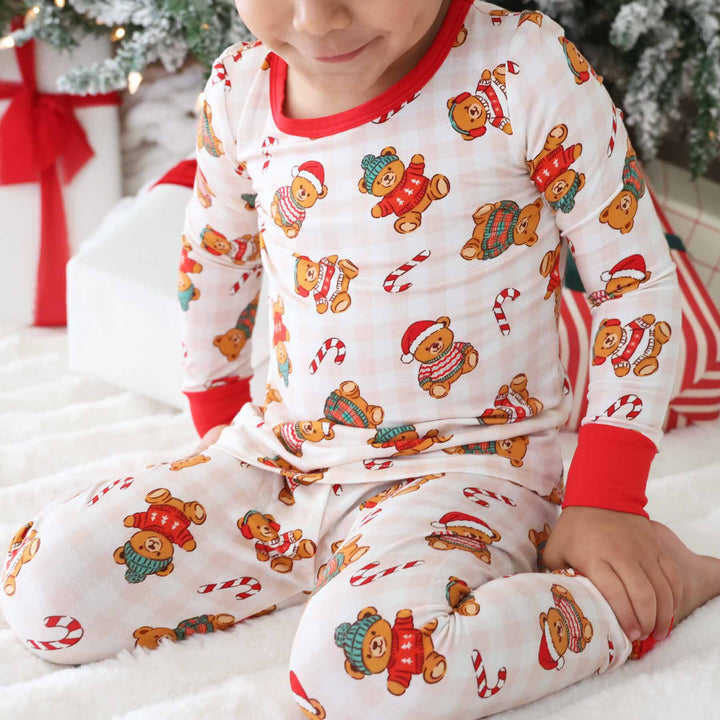 beary christmas neutral two piece pajama set for kids 