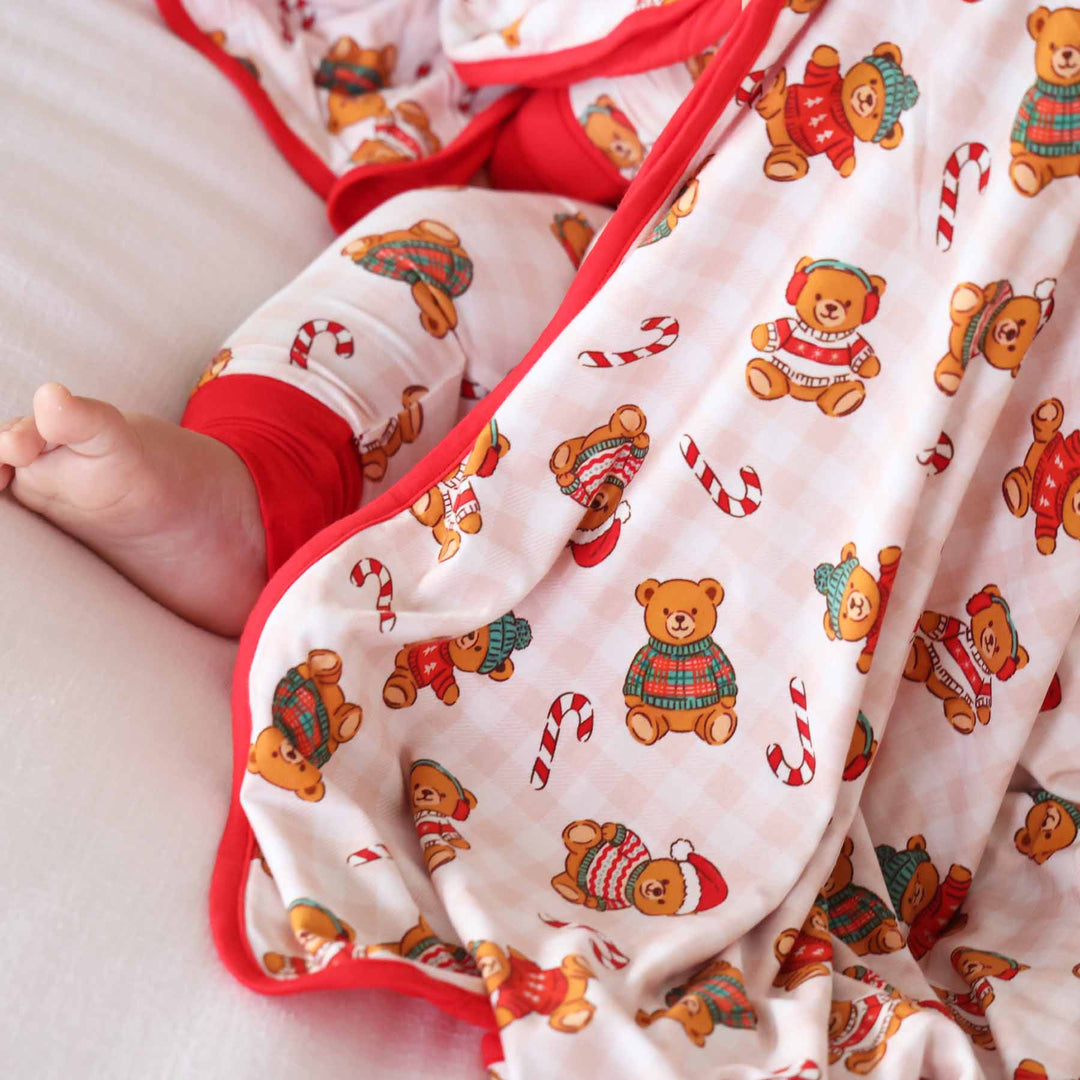 neutral gingham teddy bear and candy cane bamboo blanket for kids 