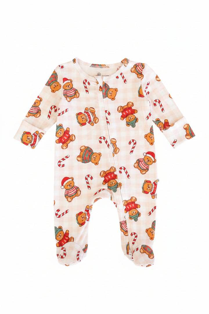 neutral beary christmas bamboo footie with double zipper long sleeve