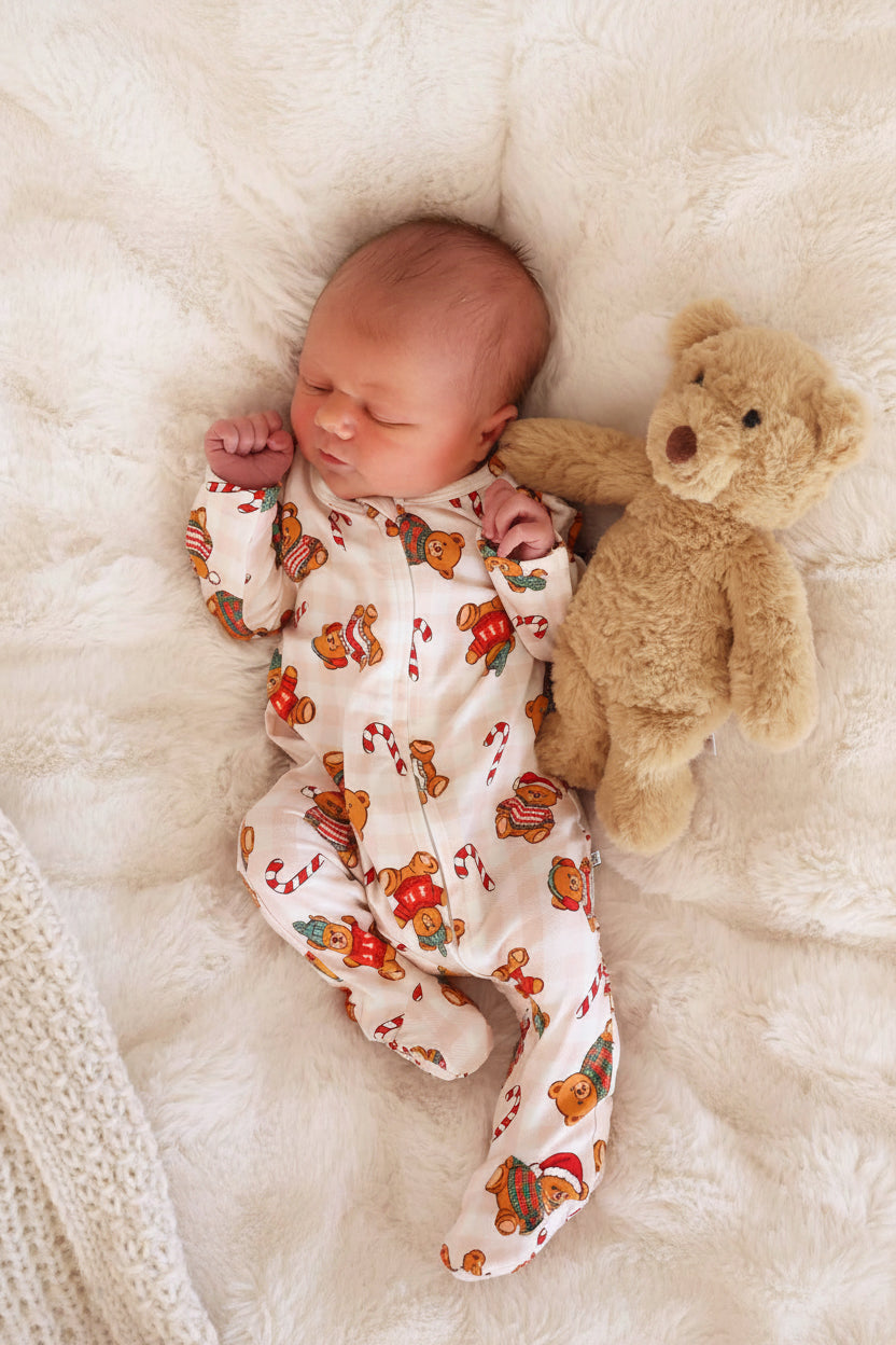 neutral beary christmas bamboo viscose zipper footie 