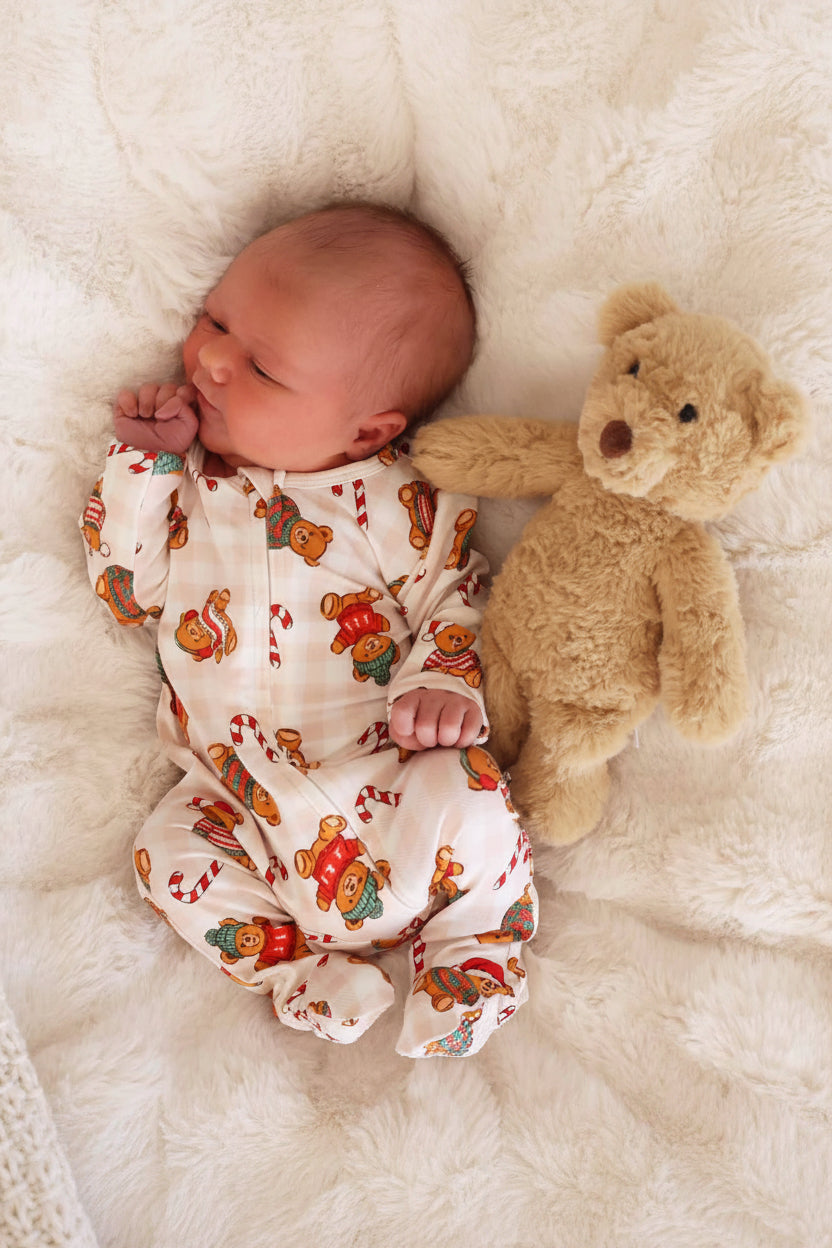 neutral beary christmas double zipper footie for babies 