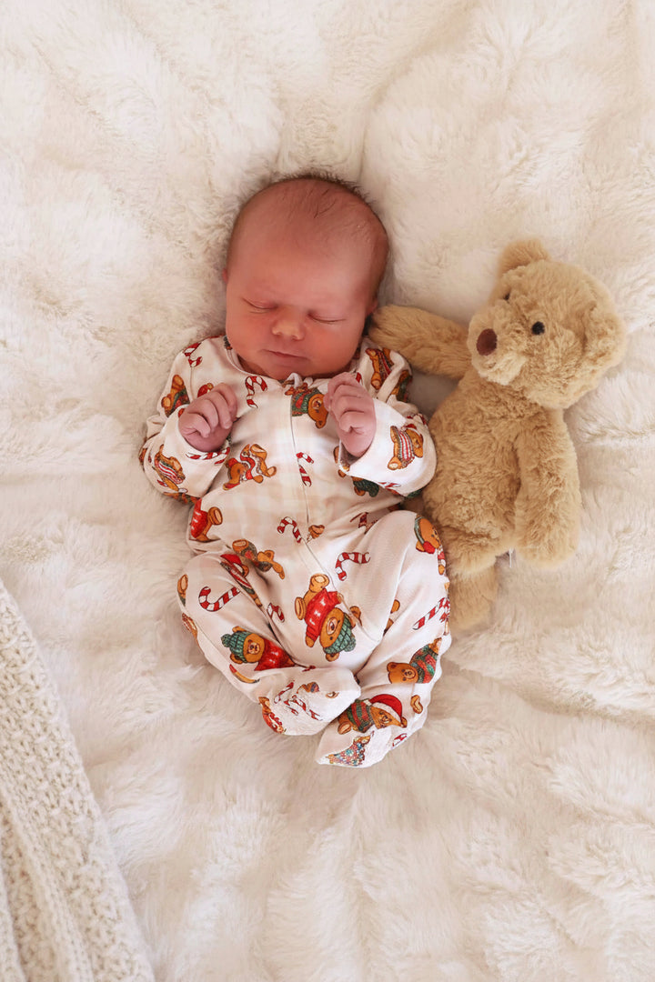 neutral beary christmas bamboo zipper footie for baby boys 
