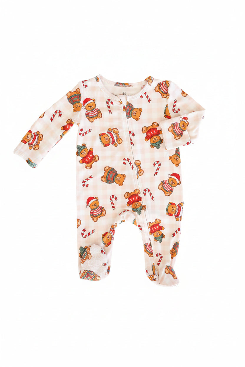 neutral gingham christmas teddy bear footie with sweaters wearing beanies and santa hats with scattered candy canes 