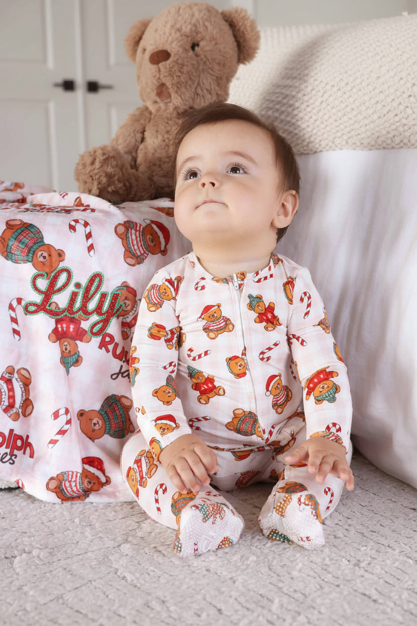 baby zipper footie with teddy bears in christmas sweaters with candy canes