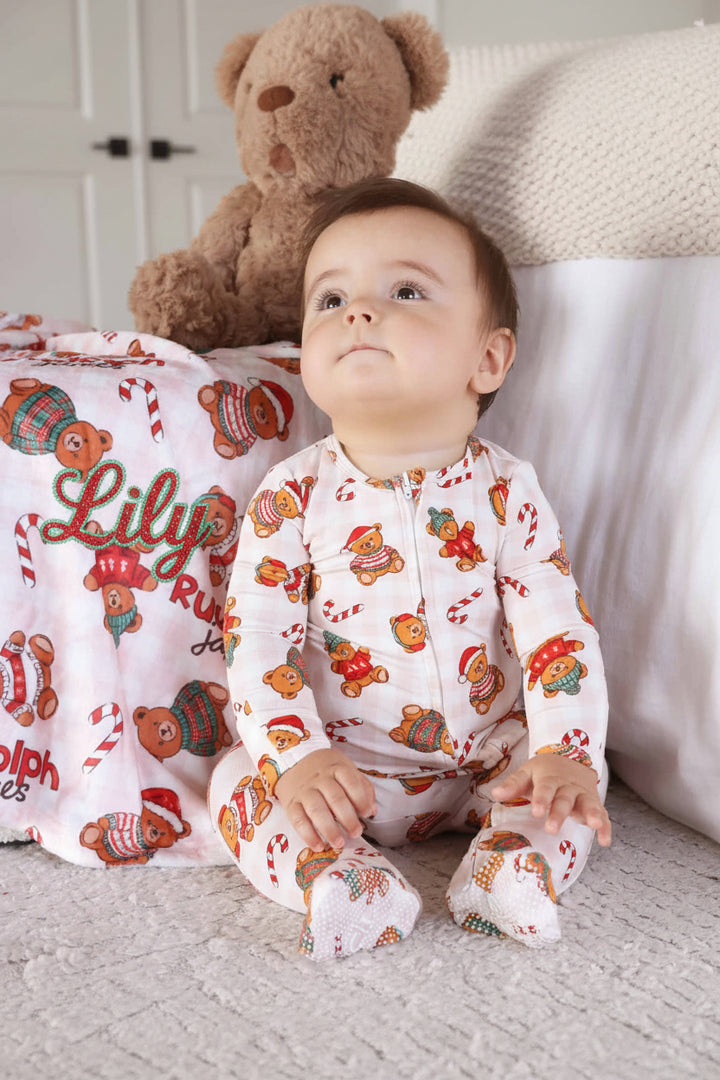 baby zipper footie with teddy bears in christmas sweaters with candy canes