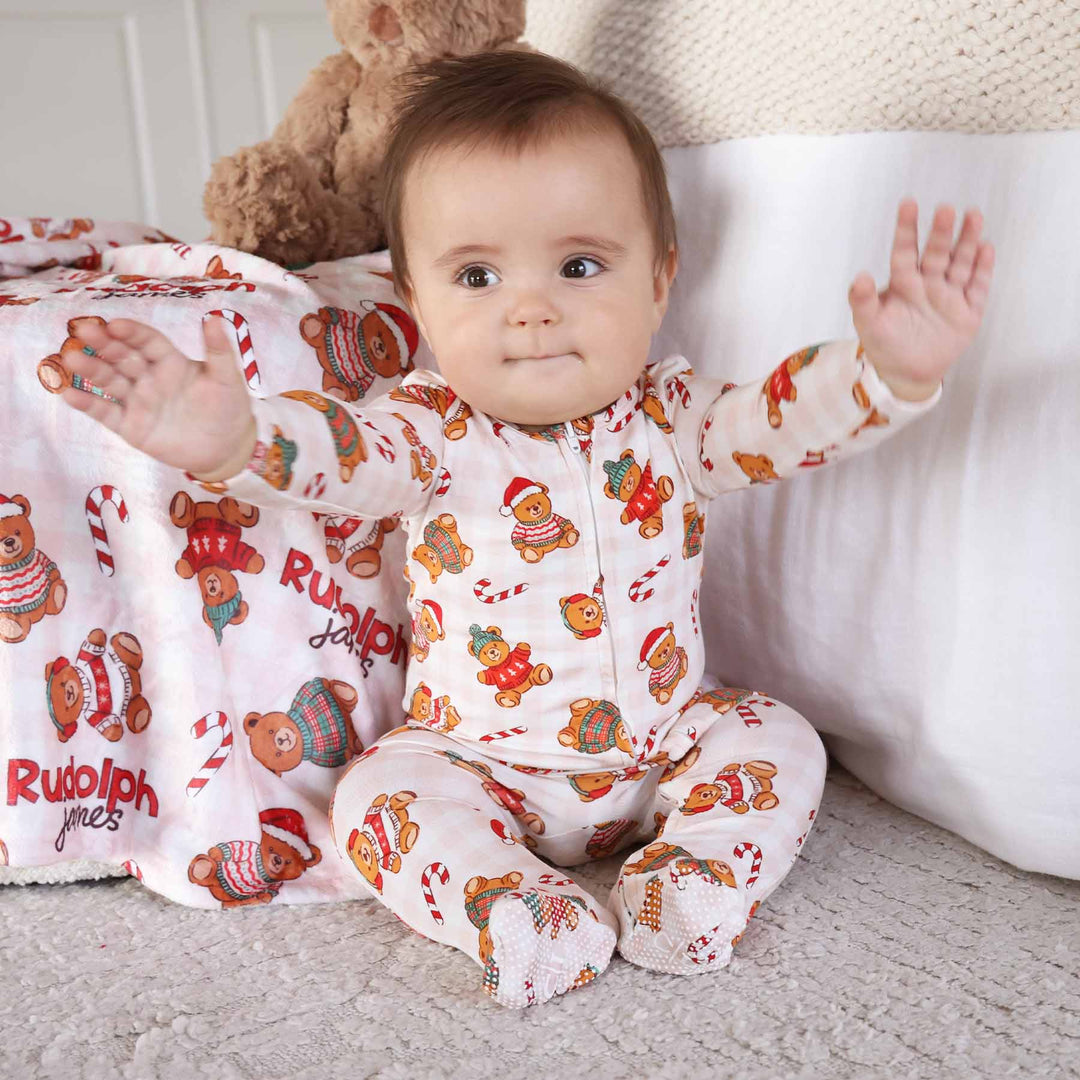 beary christmas zipper footie for boys sibling matching christmas pjs 