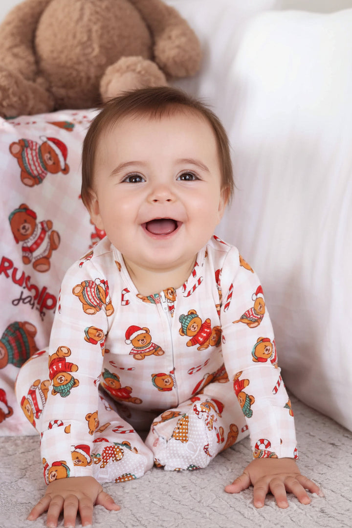 christmas teddy bear bamboo zipper footie for baby boys 