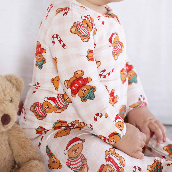 christmas teddy bear zipper footie for babies 