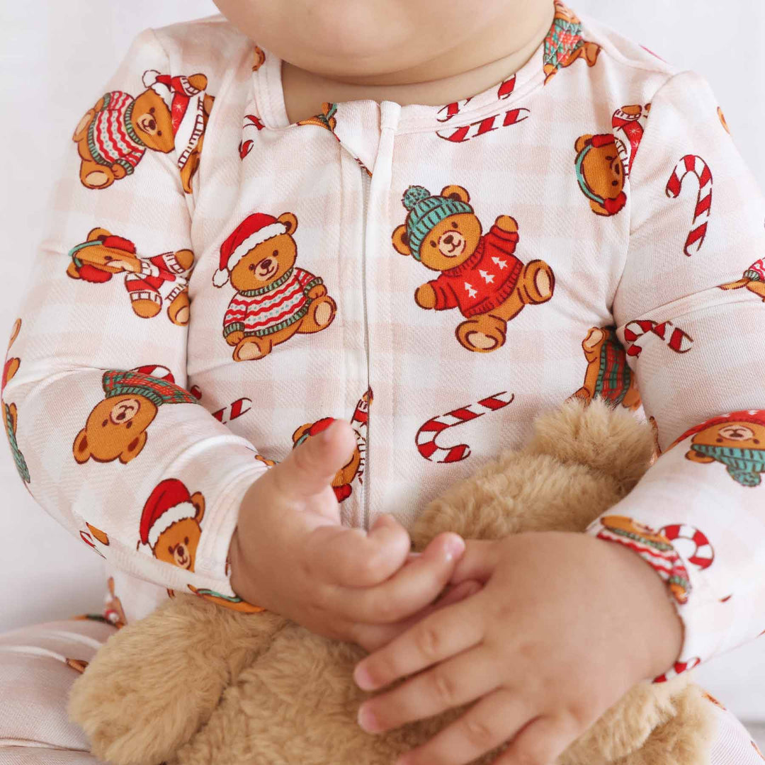 neutral beary christmas baby zipper footie