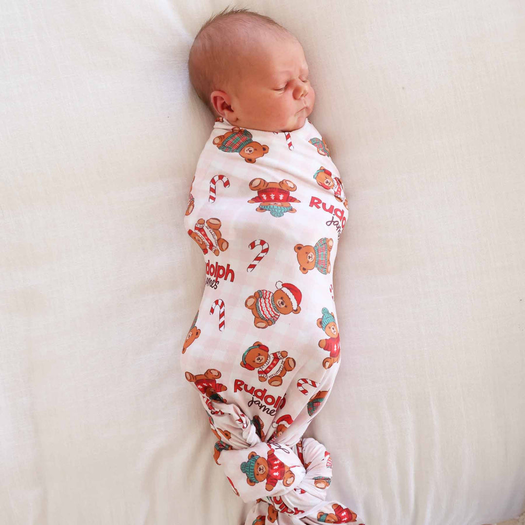 gingham christmas teddy bear personalized swaddle blanket for babies 