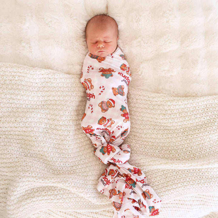 beary christmas neutral personalized swaddle blanket for babies