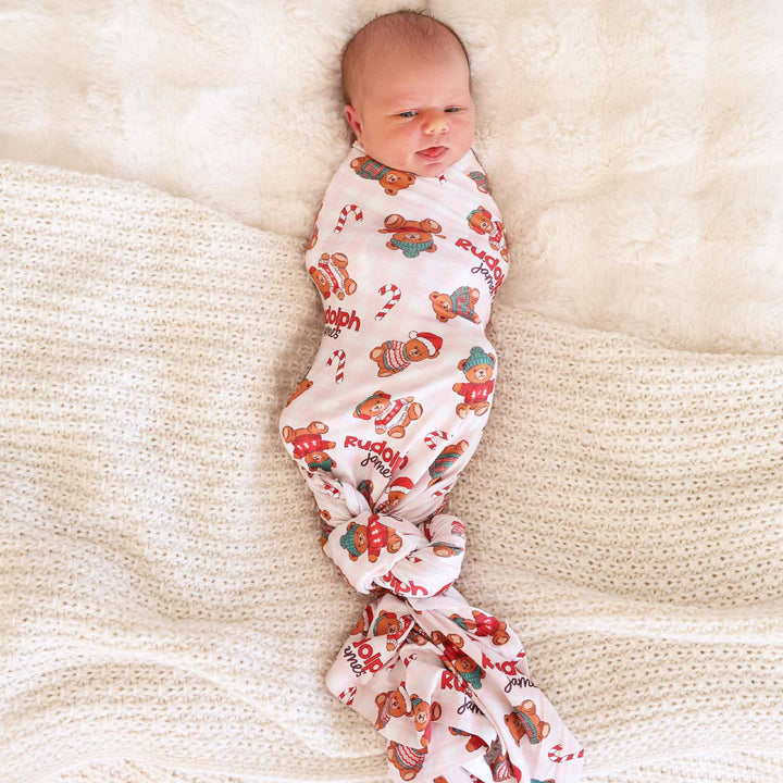 neutral beary christmas personalized swaddle blanket for boys 