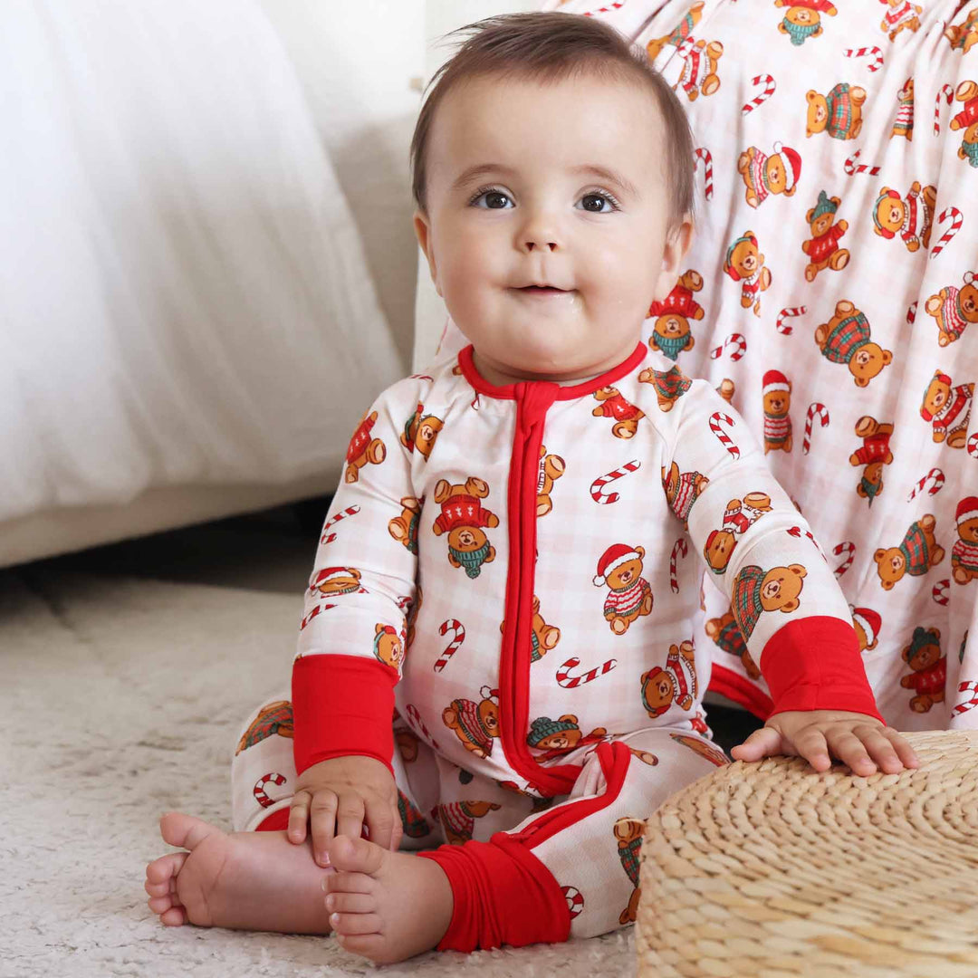 christmas sweater teddy bear and candy cane christmas zip romper pajama for babies and toddlers