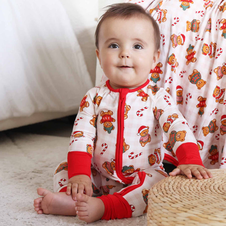 christmas sweater teddy bear and candy cane christmas zip romper pajama for babies and toddlers