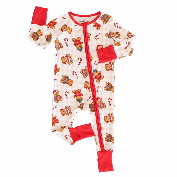 neutral gingham christmas sweater teddy bears and candy cane convertible zip romper pajama for babies and toddlers 