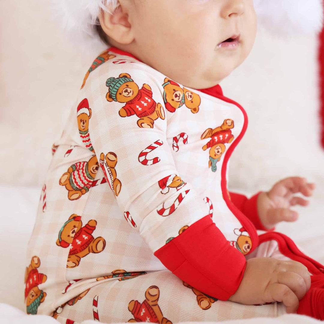 beary christmas neutral bamboo viscose convertible zip romper 