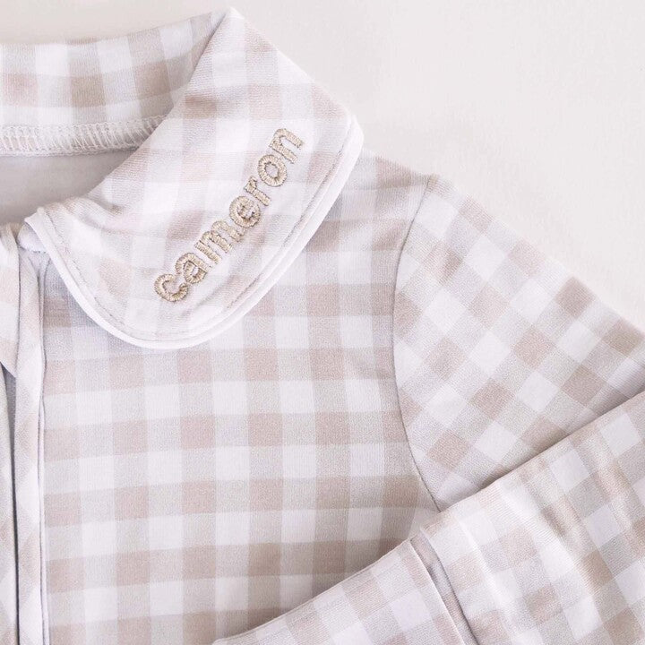 neutral embroidered peter pan collar gingham print newborn pajamas