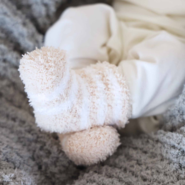 tan and white striped fuzzy socks for newborns