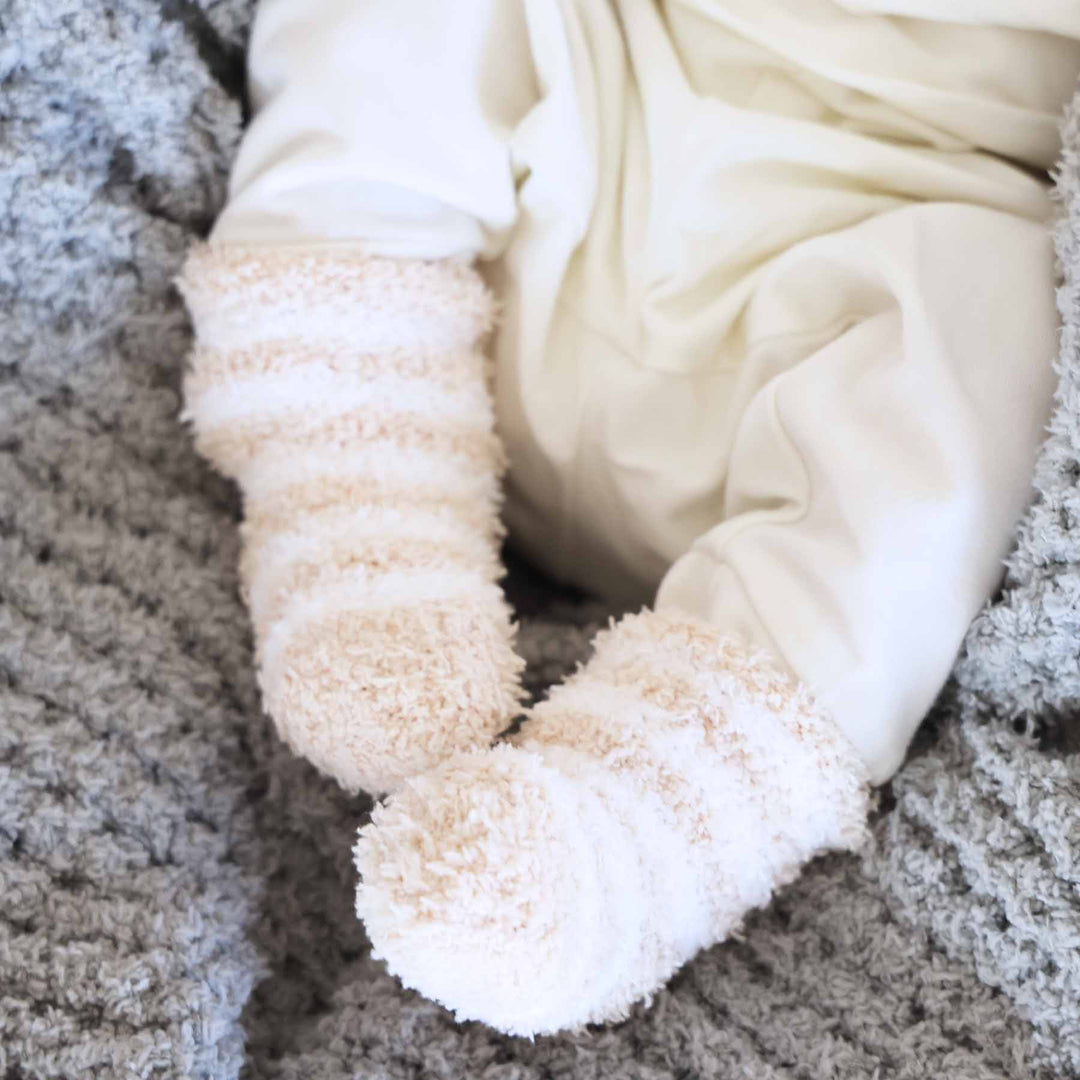 neutral striped fuzzy socks for babies