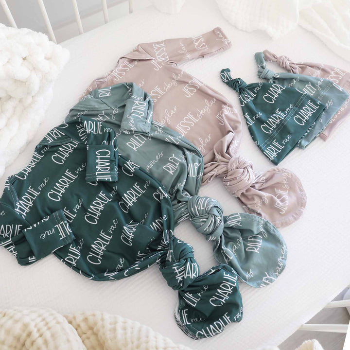 green and neutral personalized knot gown and hats for newborns