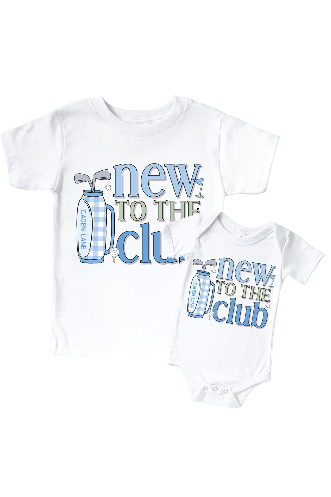 golf new to the club graphic bodysuit and kids tee set in white with blue print, caddie crew collection