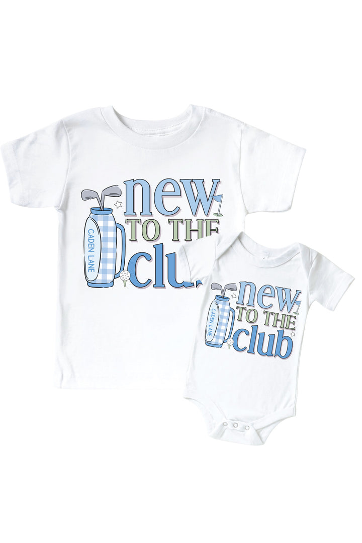golf new to the club graphic bodysuit and kids tee set in white with blue print, caddie crew collection