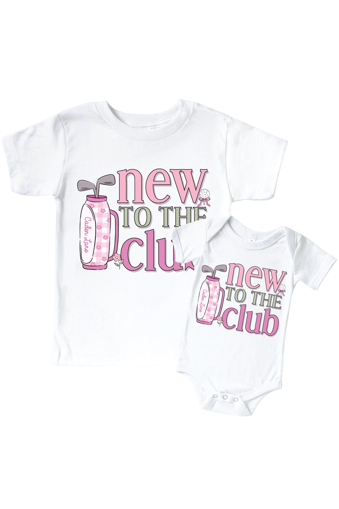 New To The Club Pink Graphic Bodysuit & Kids Tee | White
