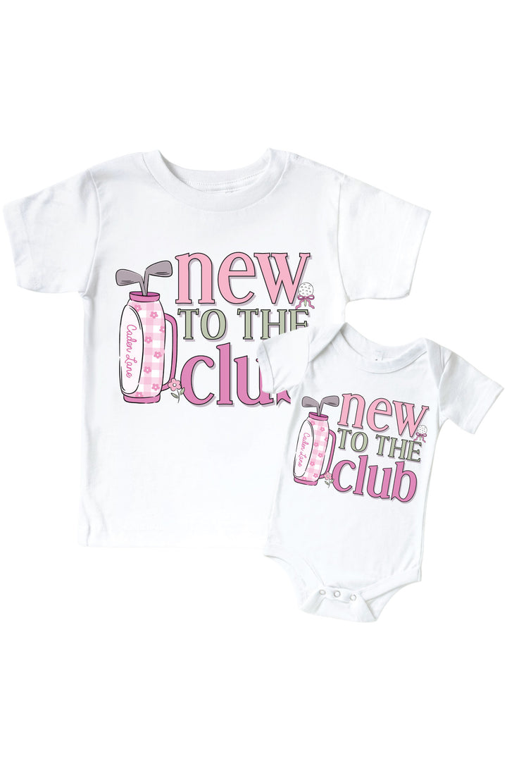 golf new to the club graphic bodysuit and kids tee set in white with pink print, caddie crew collection