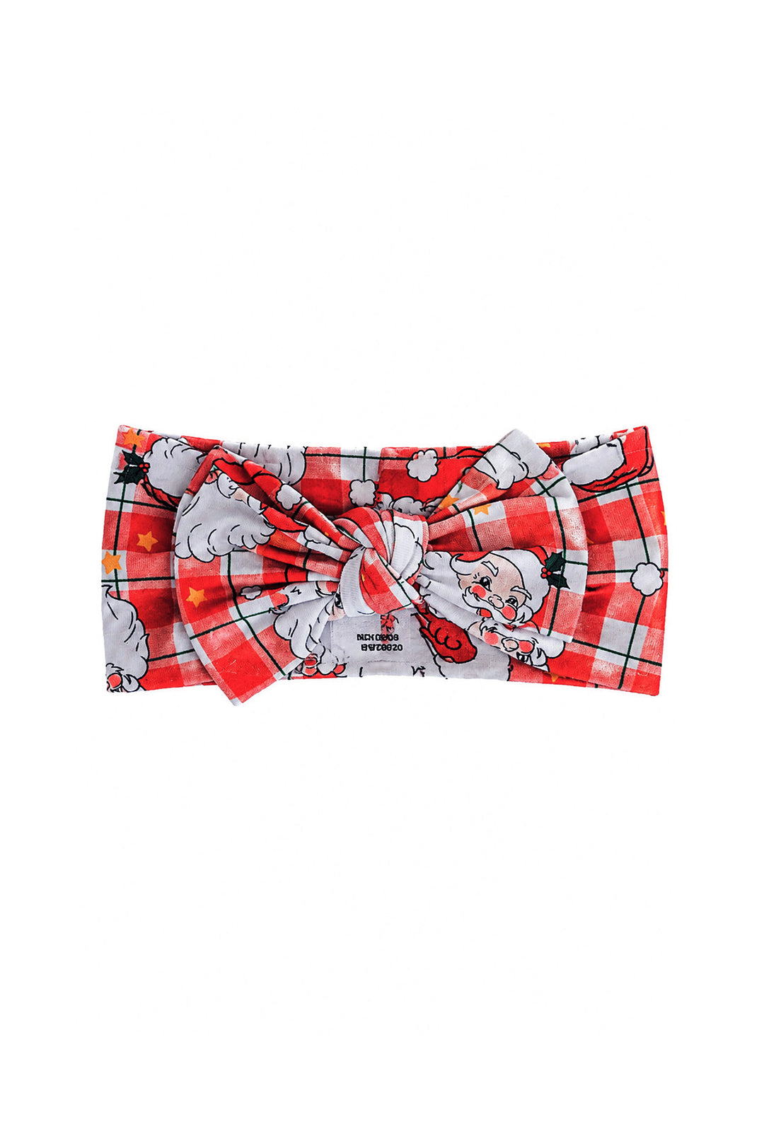 A red and white plaid headband with a knotted center, featuring a cartoon Santa Claus and snowman pattern printed across it.