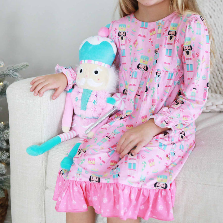 pink and blue christmas nightgown for kids with ruffle on the bottom