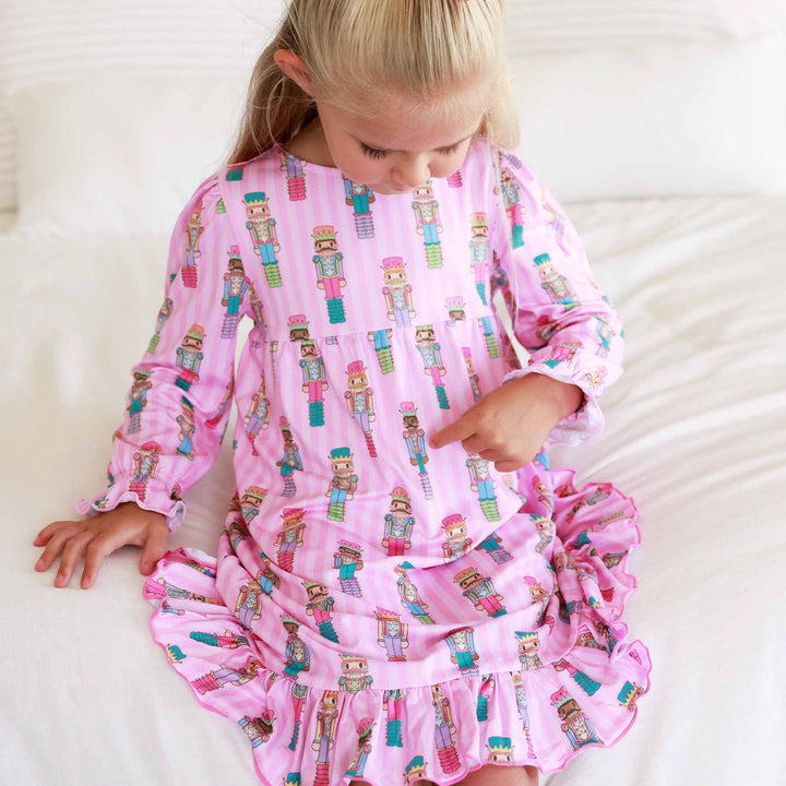 colorful nutcracker christmas nightgown for girls long sleeve with bottom ruffle 