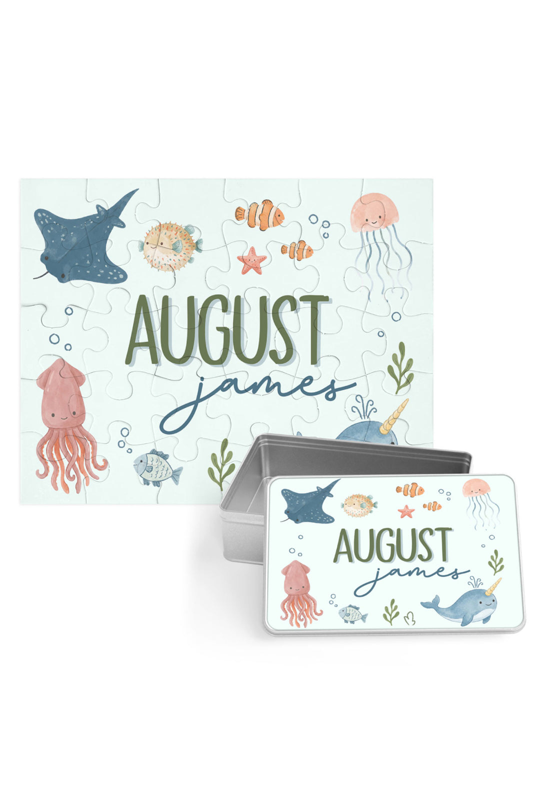 Personalized Caden Lane Ocean Dreams jigsaw puzzle in seafoam, showing sea creatures and custom name, paired with a matching silver storage tin
